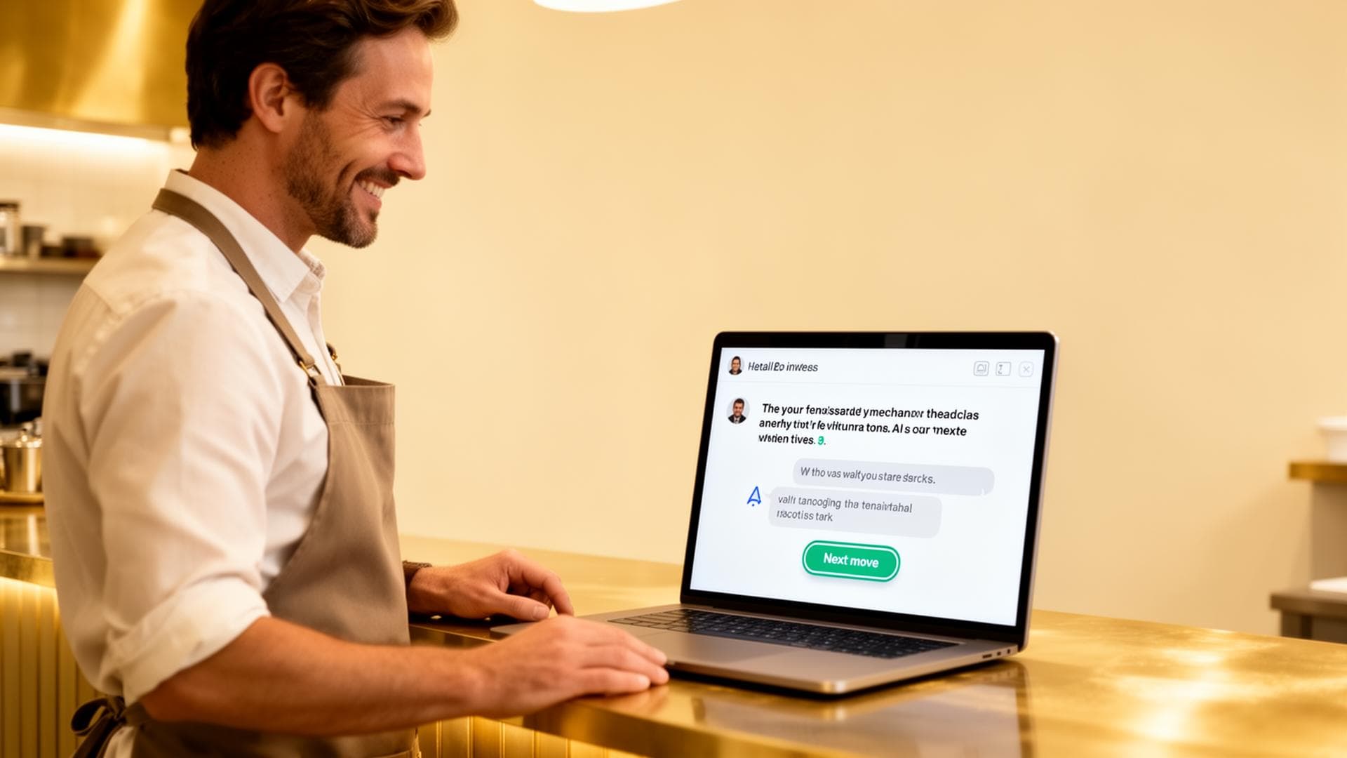 A restaurant owner at the counter of his cafe using Steady on a laptop to get a clear next move for his business.
