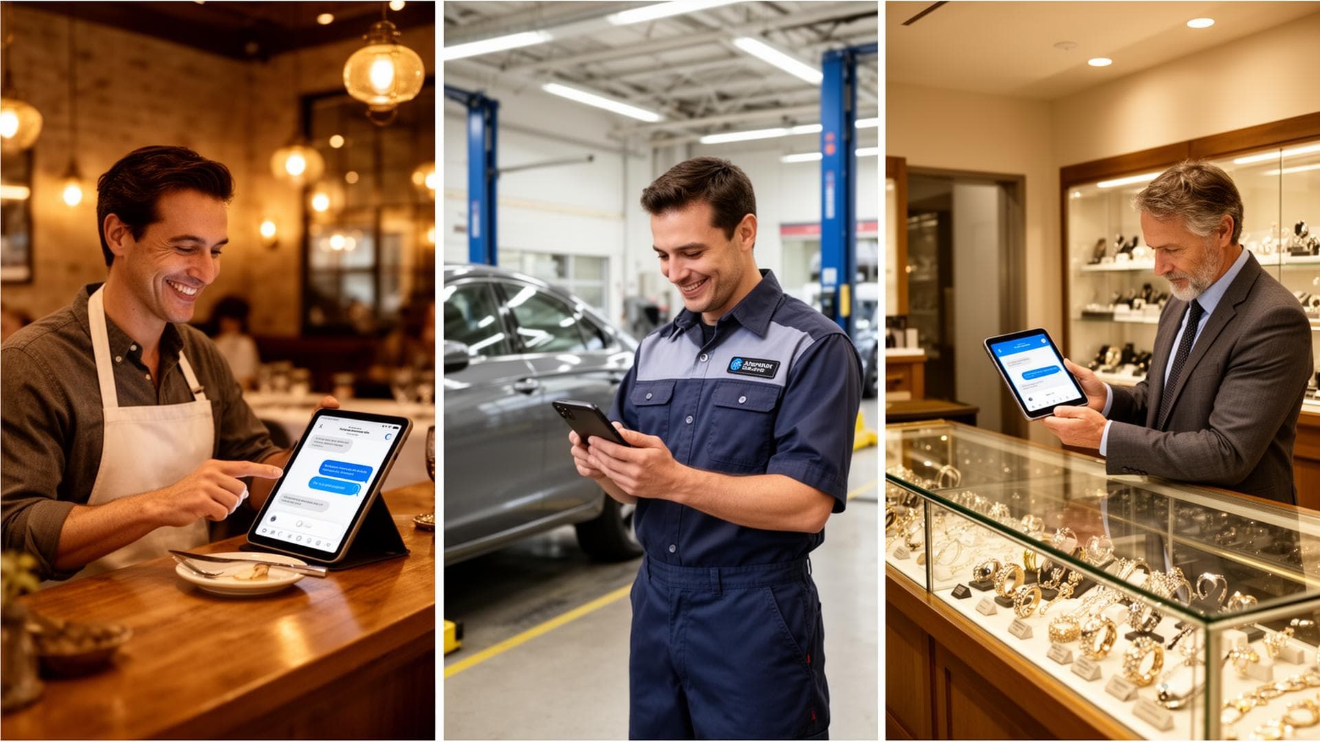 Three real owners using Steady on the job: a restaurant owner at his host stand on a tablet, a mechanic in the service bay on a phone, and a pawnshop owner reviewing the chat on a tablet behind the jewelry case.