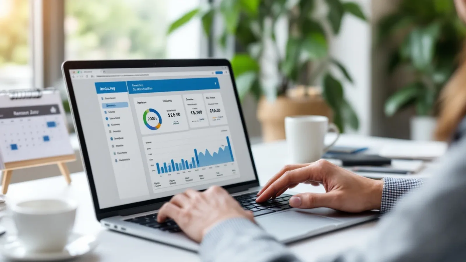 Small business owner reviewing automated invoices on a laptop