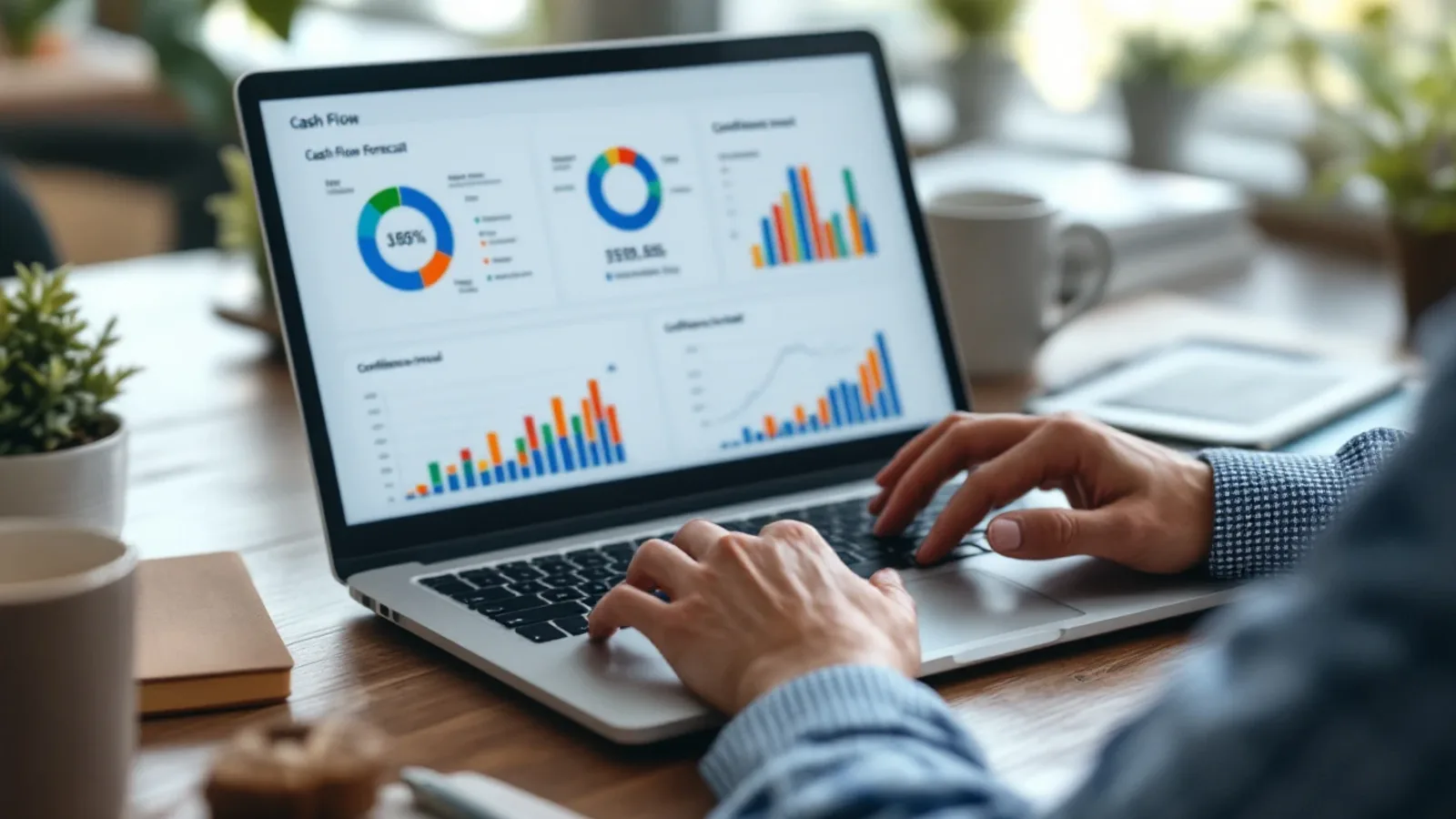 Small business owner analyzing AI‑generated cash‑flow forecast charts on a laptop